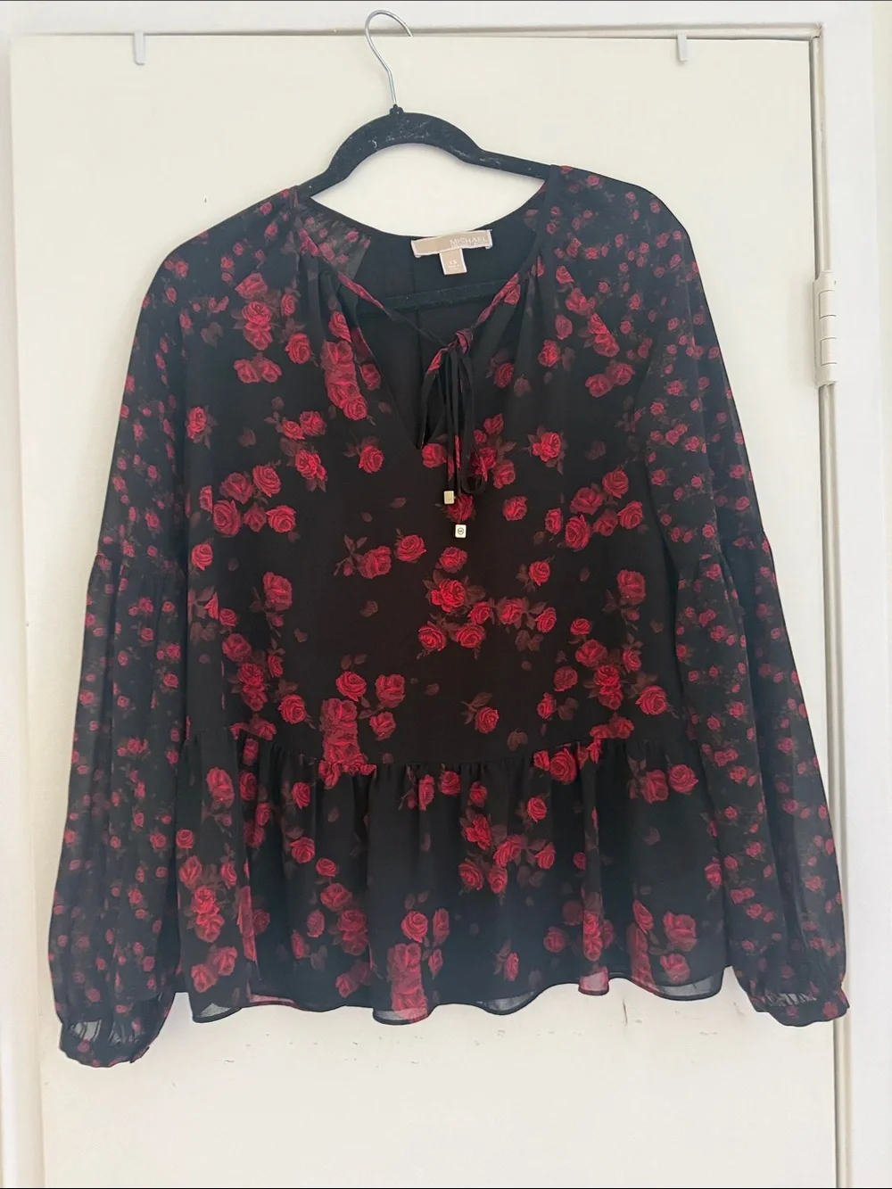 Michael Kors Black Blouse with Red Floral Print and Tie Neck size XS